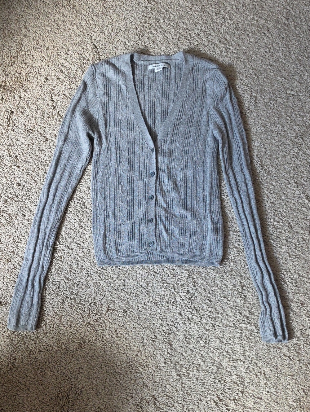 American Eagle Outfitters Gray Ribbed V-Neck Button Cardigan